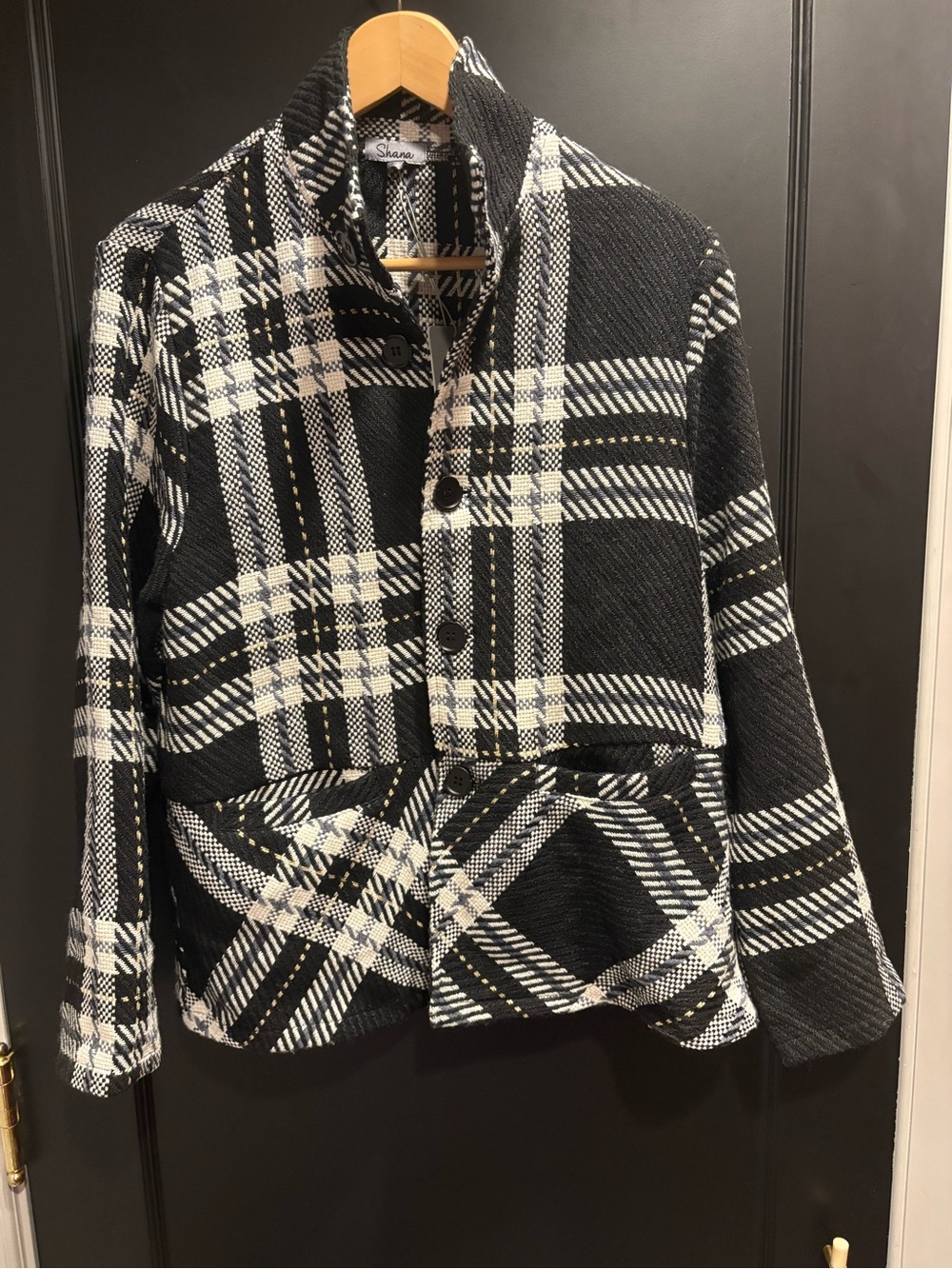 SHANa Black & White Plaid Button-Up weave light weight Jacket large nwt 78.00